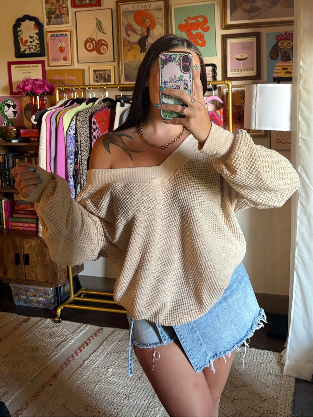 Wishlist Cream Boho Waffle Knit Long Sleeve Top